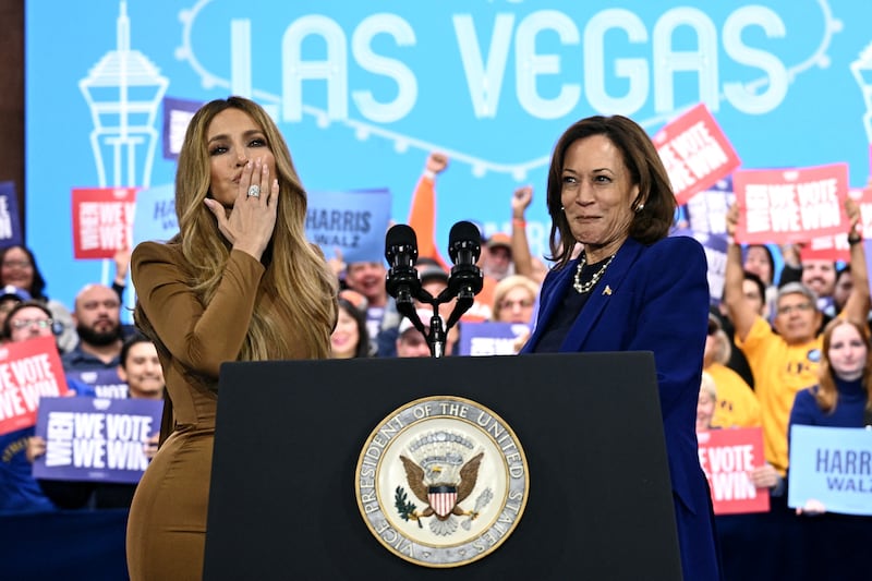 Jennifer Lopez and Kamala Harris during the campaign rally at the Craig Ranch Amphitheater in Las Vegas, Nevada. Photograph: Brendan Smialowski/AFP