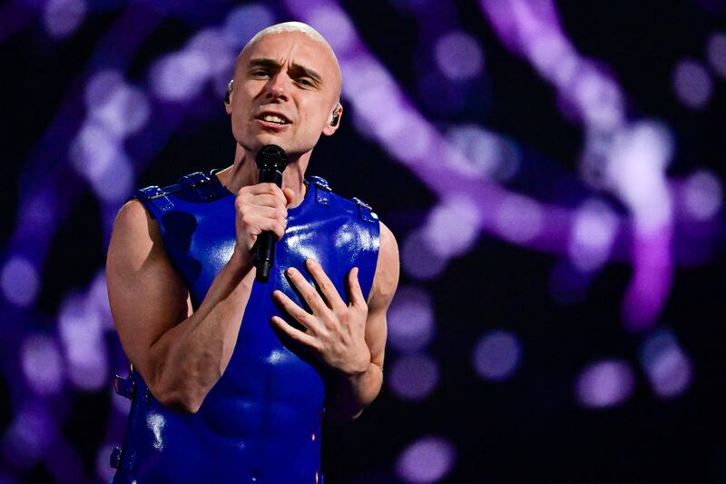 Latvian singer Dons rehearsing his song Hollow, co-written by Irishman Liam Geddes. Photograph: Tobias Schwarz/AFP via Getty