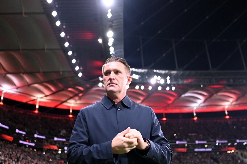 Ferencváros head coach Robbie Keane during the defeat to Eintracht Frankfurt in the Europa League. Photograph: Kirill Kudryavtsev/AFP via Getty Images