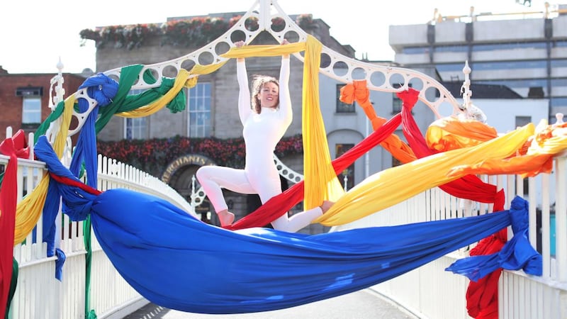 Aerial Cirque performer Nicola Moran on Dublin’s Ha’penny Bridge for the launch of Culture Night 2019. Photograph: Julien Behal Photography