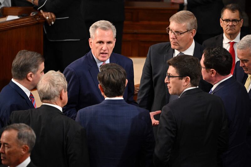 Kevin McCarthy speaks with lawmakers as the US House of Representatives convenes at the US Capitol in Washington. Photograph: Mandel Ngan/AFP