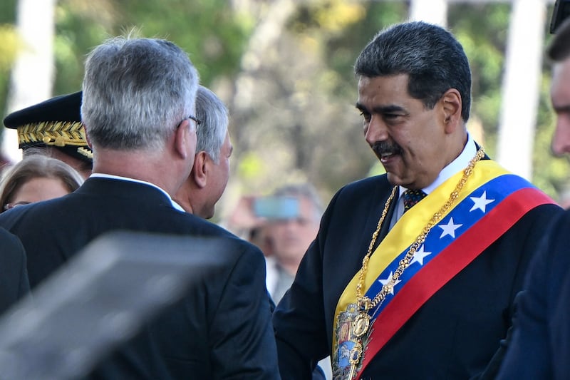 President of Venezuela Nicolas Maduro greets members of the Russian delegation after the swearing-in ceremony at Palacio Federal Legislativo on Friday in Caracas. Photograph: Alfredo Lasry R/Getty Images