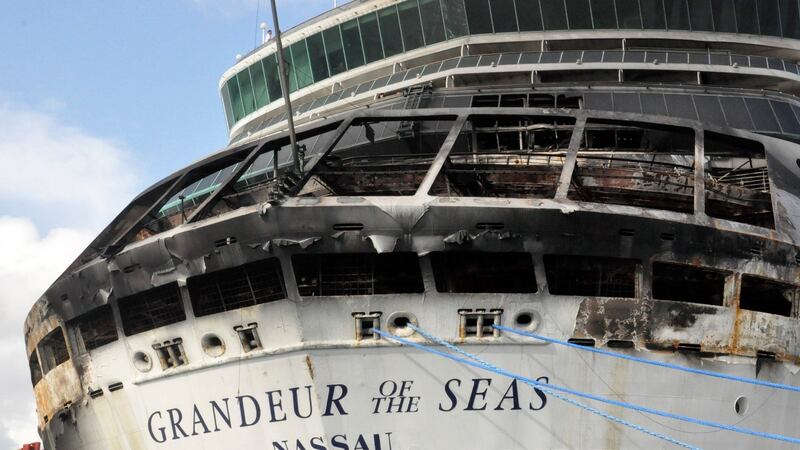 Damage on the Royal Caribbean ship Grandeur of the Seas is pictured as the ship is docked in Freeport, Bahamas. Photograph: Vandyke Hepburn/Reuters.