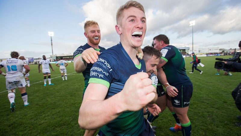 Conor Fitzgerald celebrates Connacht’s win over Montpellier. Photograph: Tommy Dickson/Inpho