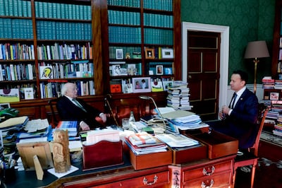 Taoiseach Leo Varadkar speaking to President Michael D. Higgins at Aras an Uachtarain in Dublin. Photograph: Maxwells