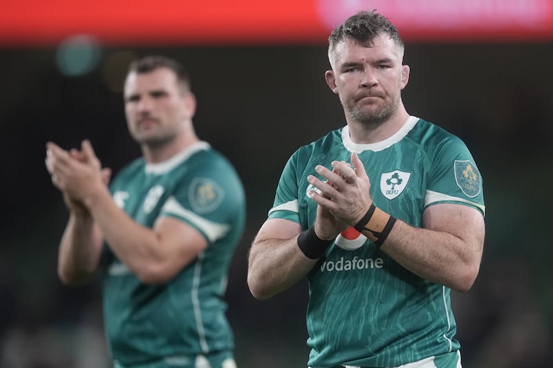 Ireland's Peter O'Mahony applauds the crowd after the defeat to New Zealand. Photograph: Brian Lawless/PA Wire
