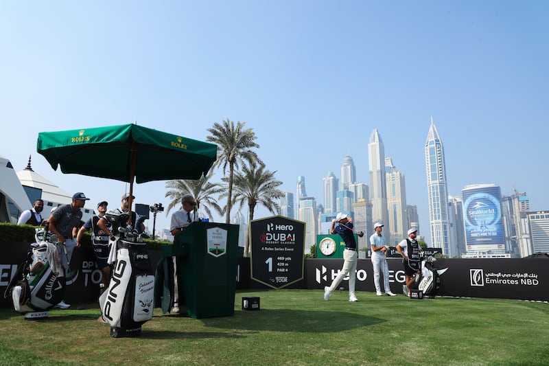 Tom McKibbin tees off on the first hole on day two of the Hero Dubai Desert Classic. Photograph: Andrew Redington/Getty Images