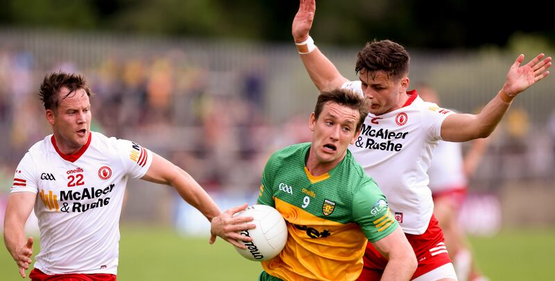 Donegal's Hugh McFadden in action against Tyrone's Kieran McGeary and Michael McKernan on Saturday. Photograph: John McVitty/Inpho