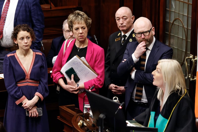 Labour Party leader Ivana Bacik with party colleagues Marie Sherlock and Ged Nash in the Dáil chamber as Ceann Comhairle Verona Murphy TD suspends Dáil proceedings for the day. Photograph: Maxwell's/PA Wire 
