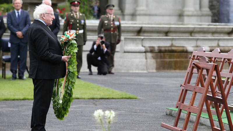 President Michael D Higgins lays a wreath during a ceremony to mark the Battle of the Somme Centenary at the Irish National War Memorial Gardens in Islandbridge, Dublin. Photograph: Brian Lawless/PA Wire.