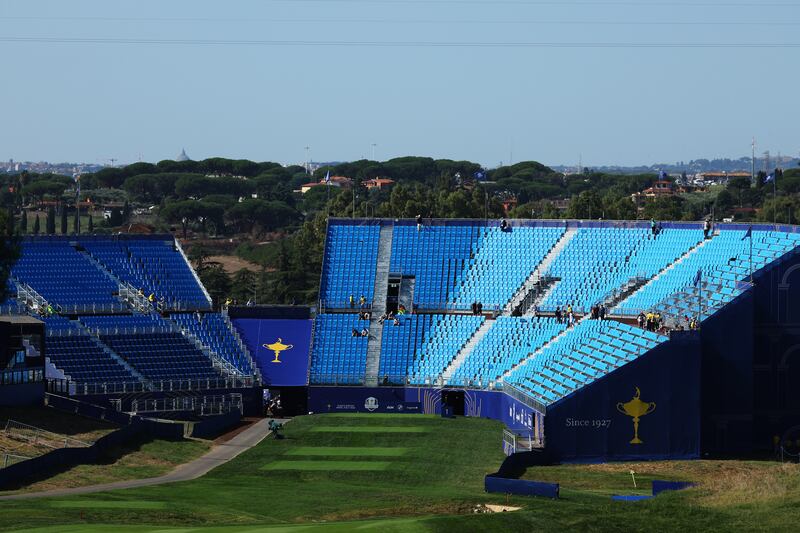 A general view of the first hole grandstand and tee at Marco Simone Golf Club in Rome. Photograph: Patrick Smith/Getty Images