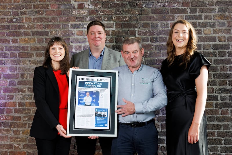 Dr Orla Byrne of UCD Michael Smurfit business school with the team from Eco Powered Cabinets. Photograph: Conor McCabe