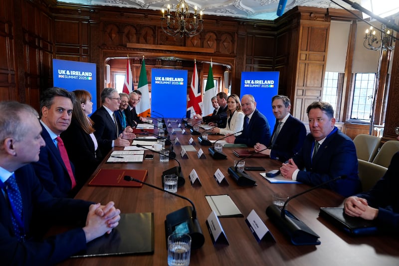 Clockwise from second left: Ed Miliband, Angela Rayner, Keir Starmer, Yvette Cooper, Hilary Benn, British Ambassador to Ireland Paul Johnston (hidden), Martin Fraser, Jim O'Callaghan, Helen McEntee, Micheal Martin, Simon Harris and Darragh O'Brien, during the UK-Ireland summit at Inglewood Manor House in Ellesmere Port on Thursday. Photograph: Peter Byrne/PA Wire