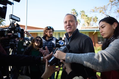 Democratic Senate candidate Adam Schiff speaks to the media after casting his in Burbank, California, on Tuesday. Photograph: Allison Dinner/EPA-EFE