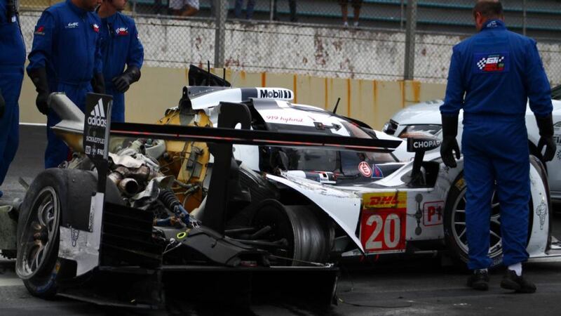 A handout picture  shows Mark Webber’s car after an accident during the  six-hour World Endurance Championship event at at the Interlagos track in  Sao Paulo. Photograph: Gabriel Pedreschi/EPA