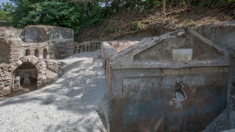 A view of the tomb of Marcus Venerius Secundio located in the necropolis of Porta Sarno, in an area not yet open to the public in the east of Pompeii’s urban center. Photograph: Alfio Giannotti/Pompeii Archeological Park via AP)