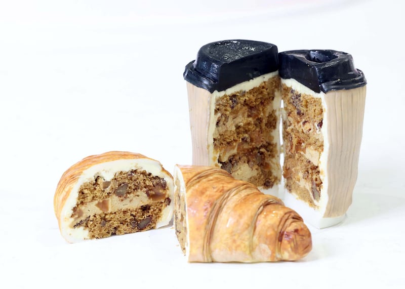 Cakes in the shape of a croissant and coffee by Nicole Crowe.
Photograph: Stephen Davison