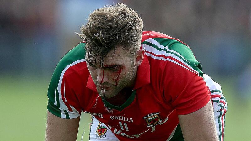 Aidan O’Shea after a clash with Kerry’s Cillian O’Connor in the All-Ireland semi-final replay at the Gaelic Grounds, Limerick. Photograph: Donall Farmer / Inpho