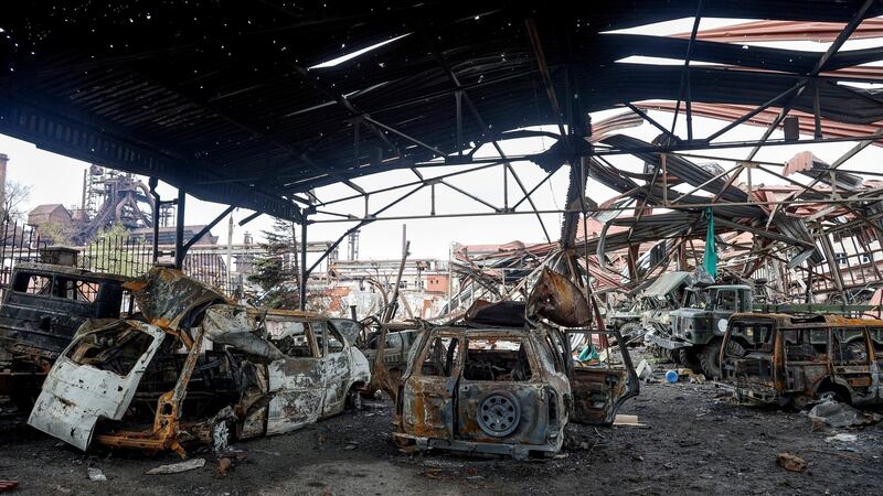 The gutted remains of vehicles are seen at the Illich Iron & Steel Works Metallurgical Plant, the second largest metallurgical enterprise in Ukraine. Photograph: AP Photo/Alexei Alexandrov