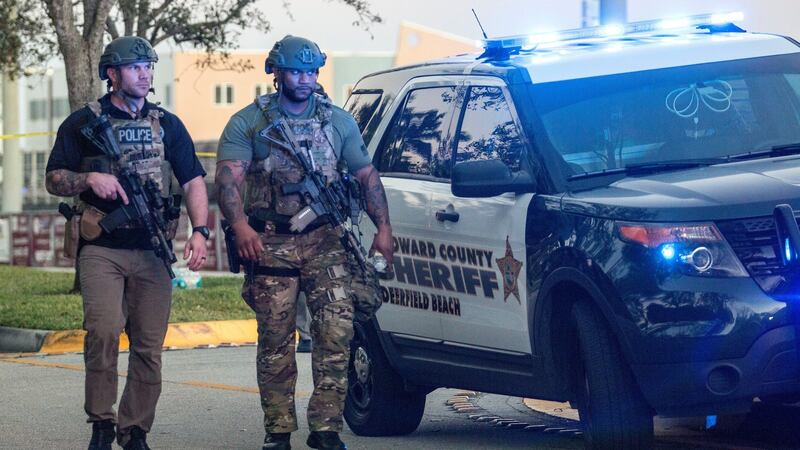 The scene outside the entrance to Marjory Stoneman Douglas High School following the mass shooting on Wednesday. Photograph: Christobal Herrera/EPA