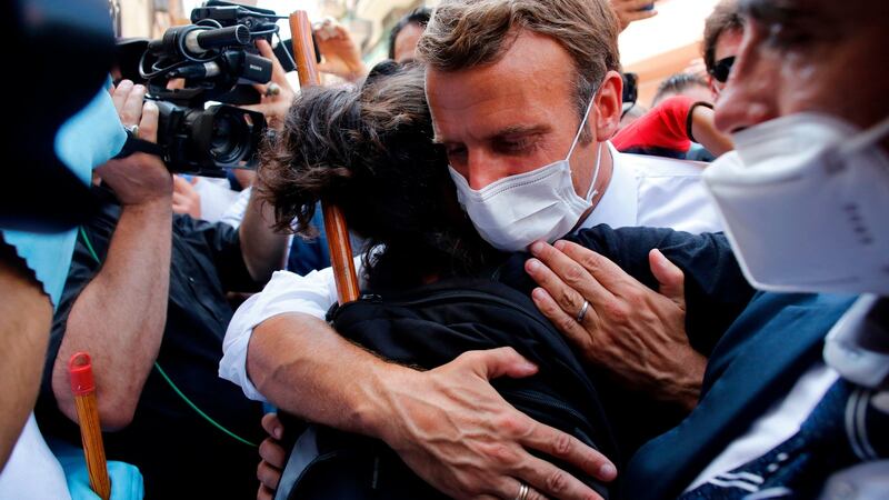 French President Emmanuel Macron  in Beirut, two days after the explosion devastated the Lebanese capital. Photograph: Thibault Camus/Pool/AFP via Getty Images