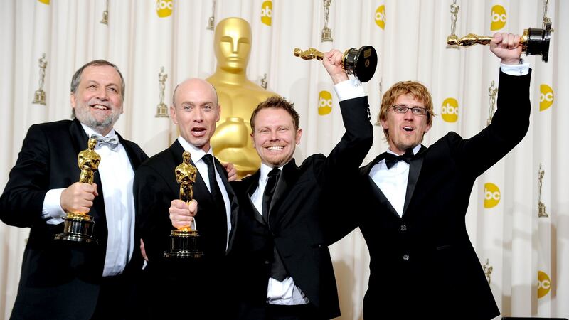 Joe Letteri, Stephen Rosenbaum, Richard Baneham and Andrew Jones, winners of Best Visual Effects for Avatar in 2010.  (Photo by Jason Merritt/Getty Images)