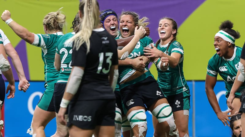 Ireland’s Erin King celebrates scoring the winning try against New Zealand in Vancouver. Photograph: Inpho/Travis Prior