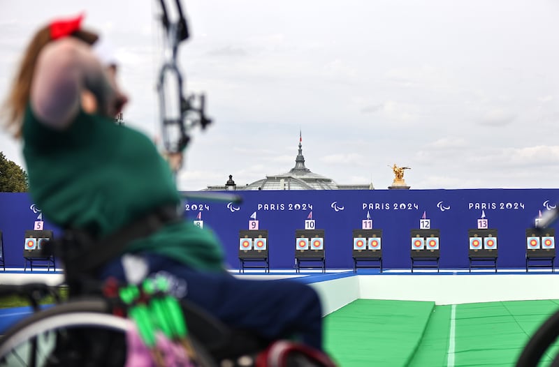 Ireland’s Kerrie Leonard competing in the opening round of the Individual Compound Open event in Paris today. ©INPHO/Tom Maher