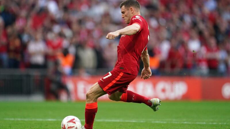 Liverpool’s James Milner scores his penalty in the FA Cup final at Wembley. Photograph: Nick Potts/PA