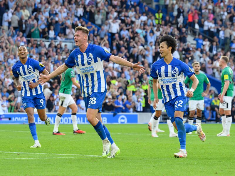 Brighton's Evan Ferguson celebrates scoring his side's third goal against  Newcastle United at Community Stadium in September 2023. Photograph: David Horton/CameraSport via Getty Images