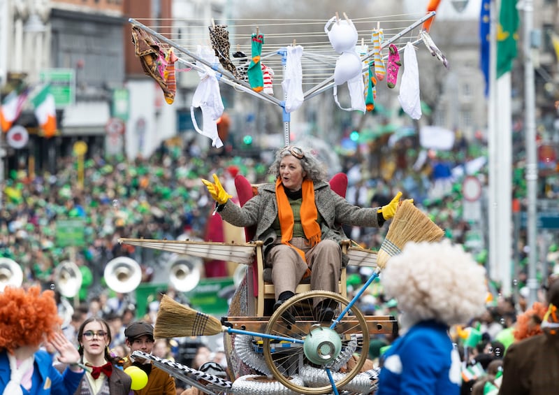 Curious State presents Skylarking, following Betty Skylark and her flying inventions, in the St Patrick's Day parade in Dublin. Photograph: Sam Boal/Collin Photos 