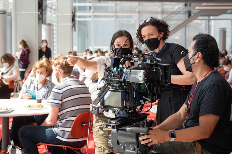 Cinematographer Natasha Braier with director Maria Schrader on the set of She Said. Photograph: JoJo Whilden/Universal Pictures