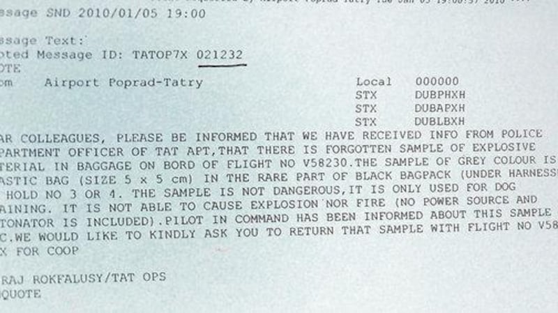 The telex which was sent to Dublin airport.