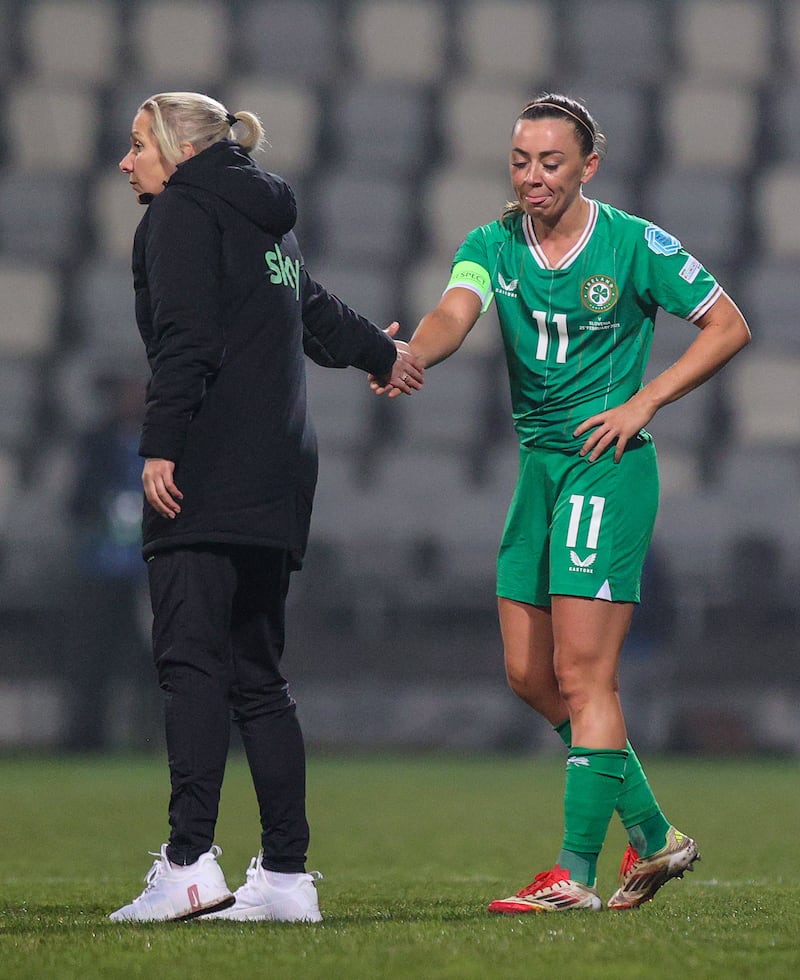 Ireland's head coach Carla Ward and Katie McCabe. Photograph: Ryan Byrne/Inpho