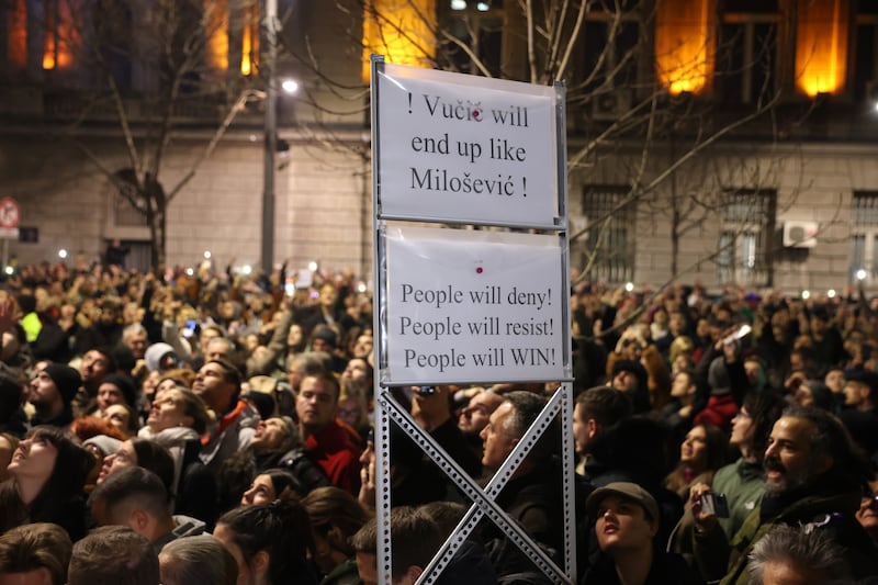 Opposition supporters protest in Belgrade on Monday over reported irregularities in Serbia's  election, in which the ruling SNS party was declared the winner. Photograph: Andrej Cukic/EPA