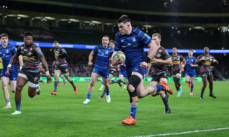 Leinster’s Dan Sheehan runs in to score a try during the BKT United Rugby Championship match against the Stormers at the Aviva Stadium. Photograph: James Crombie/Inpho