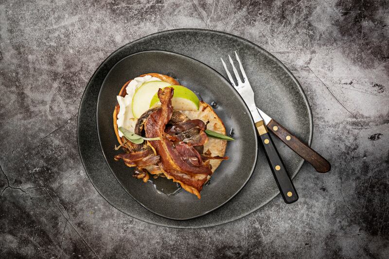 Celeriac, soused mushrooms, smoked bacon, cream cheese and apple