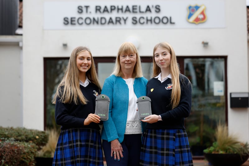 Lara Dardis (left) and Keelin McCarthy, students at St Raphaela's Secondary School, with principal Eileen O'Donnell. Photograph: Nick Bradshaw