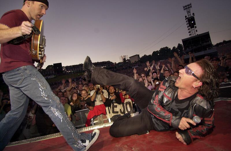 Slane Castle: the Edge and Bono on stage in 2001. Photograph: Dara Mac Dónaill