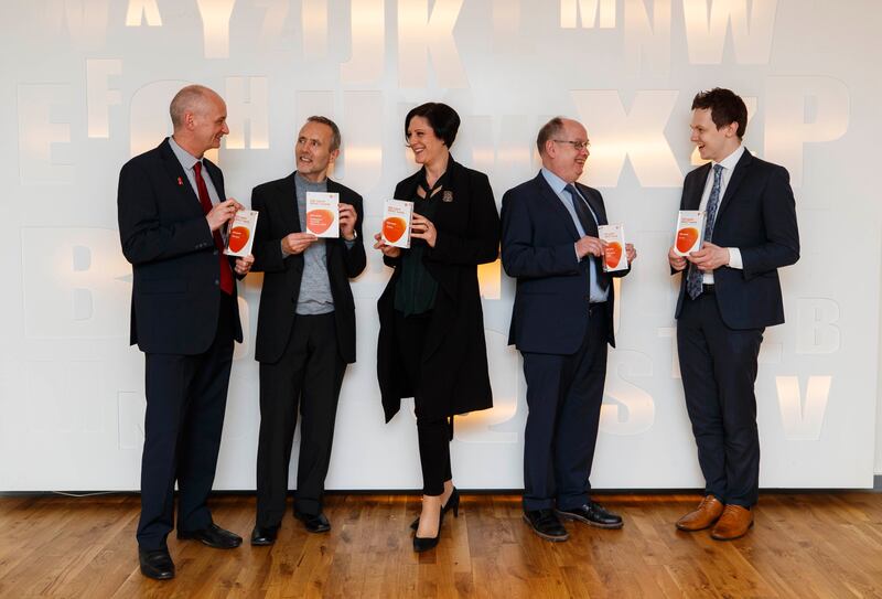 Niall Mulligan of HIV Ireland, John Davis of the Walkinstown Greenhills Resource Centre, Sarah Benson of Ruhama, Joe Geraghty from Vision Sports Ireland and Adam Harris of AsIAm.