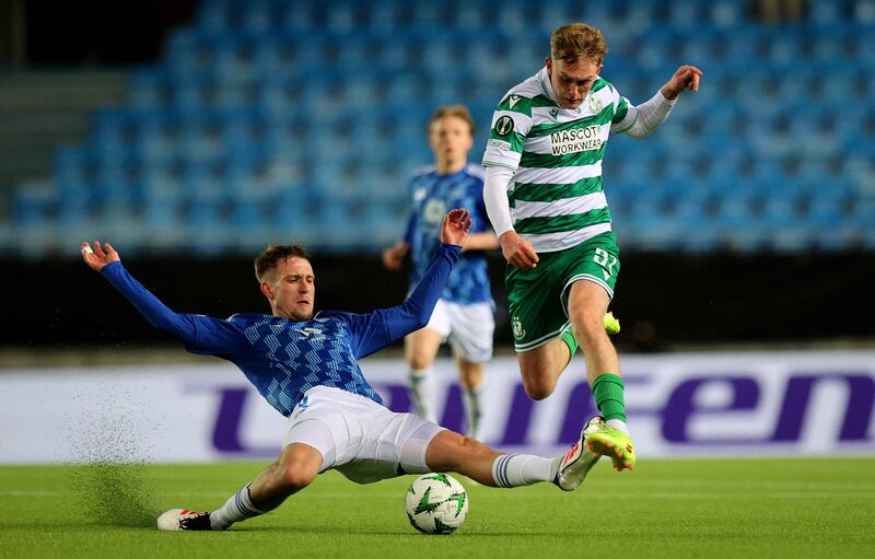 Molde’s Valdemar Lund fouls Michael Noonan and is sent off. Photograph: Ryan Byrne/Inpho