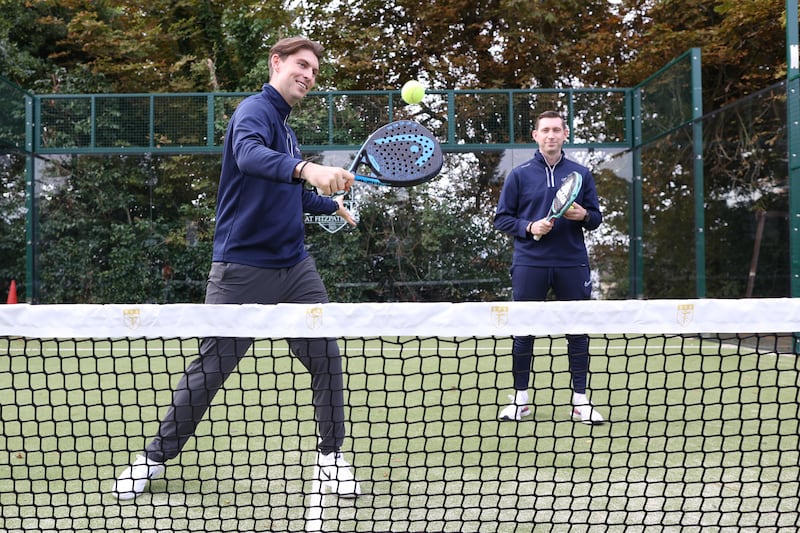 Mark and Joseph Scott-Lennon, managing director and manager of Fitzpatrick Castle Hotel, at the launch of the family-owned hotel’s padel courts. Photograph: Julien Behal