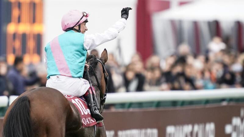 Frankie Dettori celebrates after Enable’s victory in the Prix de l’Arc de Triomphe. Photograph: Alan Crowhurst/Getty