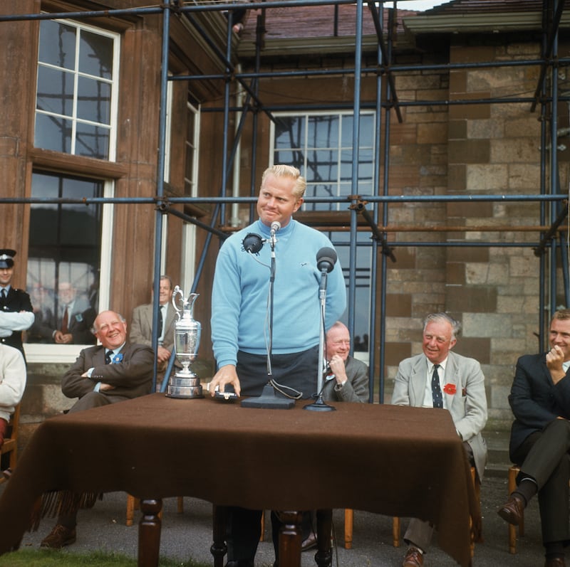 Jack Nicklaus talks about his historic victory after the 1966 Open at Muirfield. Photograph: Hulton Archive/Getty Images