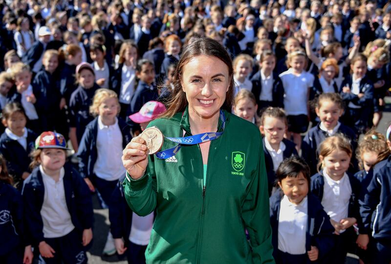 Aifric Keogh attending a school visit in Mount Anville National School in Dublin. Photograph: Sam Barnes/Sportsfile 