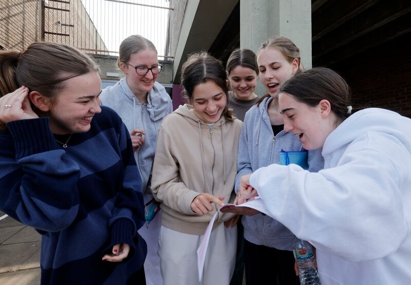 Saskia O’Connor, Ava Thornton, Joanna Loughran, Malley Hutter, Lucia Darcy and Mary Buggy chat about their Leaving Certificate exams at Alexandra College, Milltown, Dublin, earlier this week. Photograph: Alan Betson

