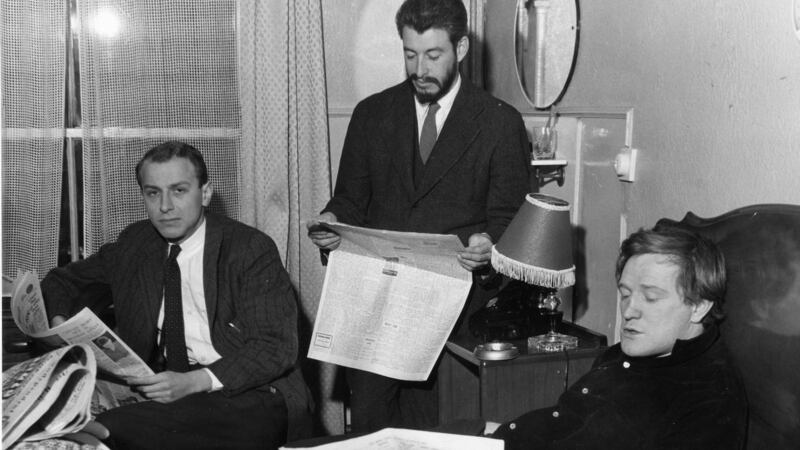 “The Ginger Man in the Gaiety in 1959. Left to right: Producer Philip Wiseman, JP Donleavy and actor Richard Harris Photograph: Dermot Barry/The Irish Times