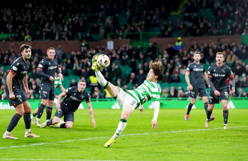 Celtic's Kyogo Furuhashi has a shot on goal during the Scottish Premiership match at Celtic Park against Motherwell. Photograph: Jane Barlow/PA