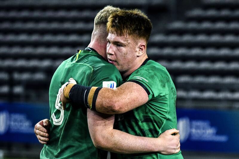 Ireland’s Fiachna Barrett and Conor O’Tighearnaigh dejected after the game. Photograph: Darren Stewart/Steve HaagSports/Inpho 