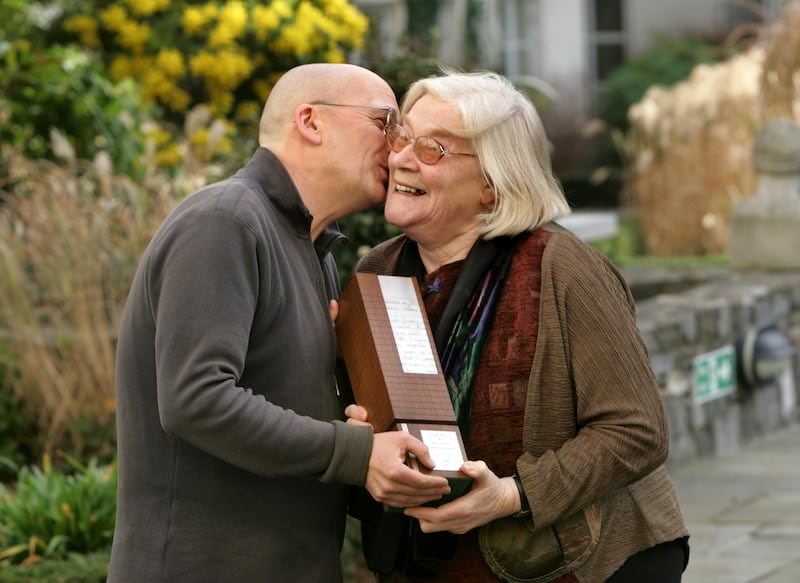 Jennifer Johnston receiving the Irish Pen/A.T. Cross Literary Award from novelist Roddy Doyle at the Merrion Hotel Dublin in 2006. Photograph: Matt Kavanagh